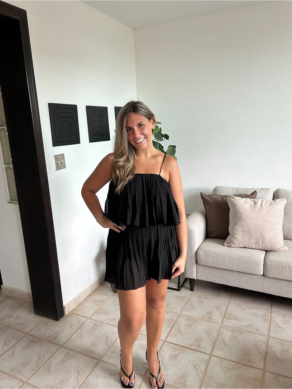 Women’s Black Pleated Spaghetti-Strap Black Romper